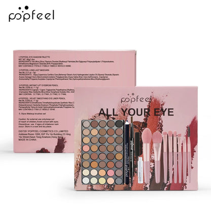 POPFEEL Professional Eye Makeup Set: Eyeshadow Palette, Eyeliner, Brow Pencil, Mascara +8 Makeup Brushes - Perfect for Beginners