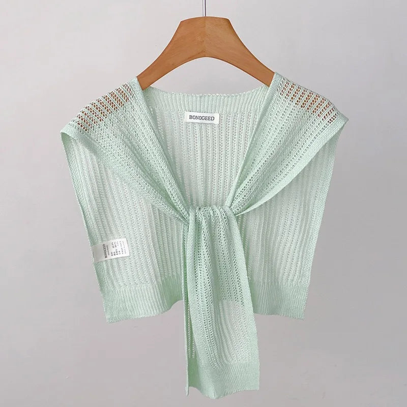 Lace Hollow Linen Knitted Shawl Summer Air Conditioning Fake Collar Neck Guard Knit Thin Knotted Cape Shoulder Scarf For Women