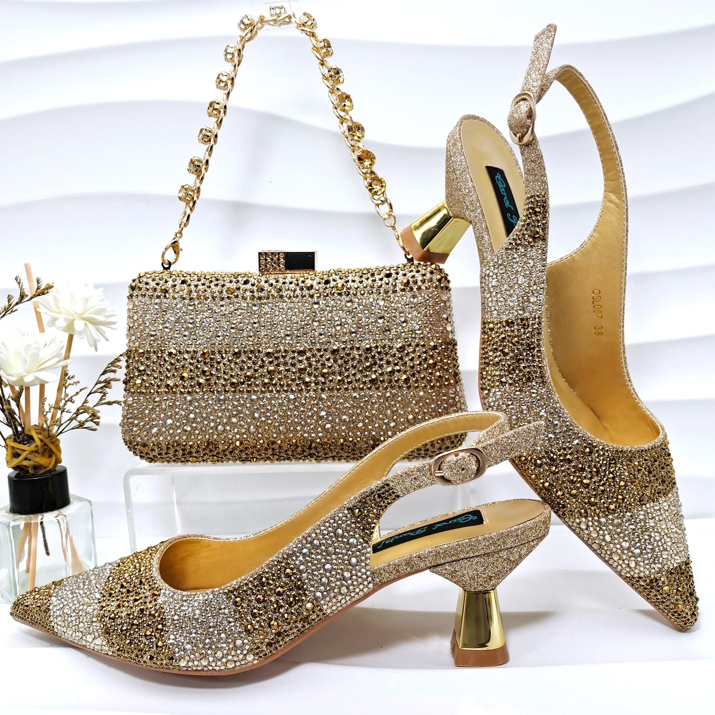 New Italian Design Stylish And Elegant Sky Blue Rhinestone Embellished Satin Pointy Toe Pumps And Clutch Bag