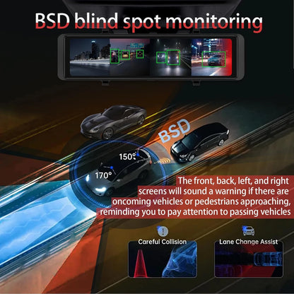 12''Rear View Mirror Camera 4-Channel Mirror Streaming with GPS BSD Blind Spot Detection 4K Front Lens+FHD1080Px3 Reverse Assist
