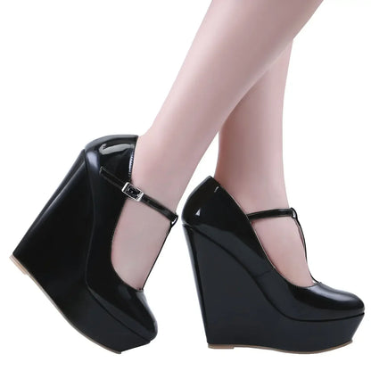 Women Pumps 2026 New Autumn Winter 14cm Round Toes Platform Wedge High Heels T-Strap Gladiator Ladies Dress Party Wedding Shoes