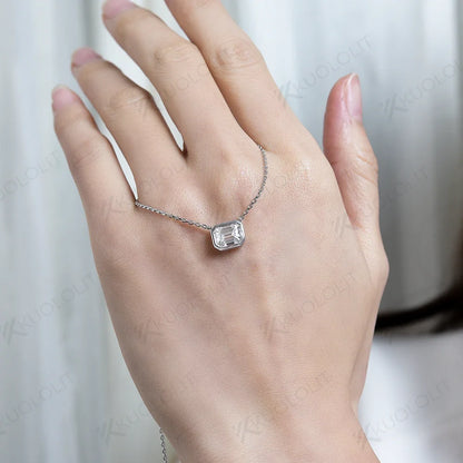 Kuololit 2CT Emerald cut Moissanite Necklaces For Women Solid 925 Sterling Silver Bezel set Necklace for Engagement Bridal Gift