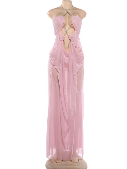 Nibber Prom Party Gown Dress Woman Sexy See Through Luxury Chain Halter Low-Neck Backless Sleeveless Midnight Elegant Vestidos