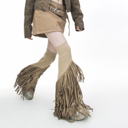 Suede Fabric Tassel Knitted Elastic Punk Vintage Flared Leg Warmers Woman Fashion Elegant Gothic Leg Sleeve