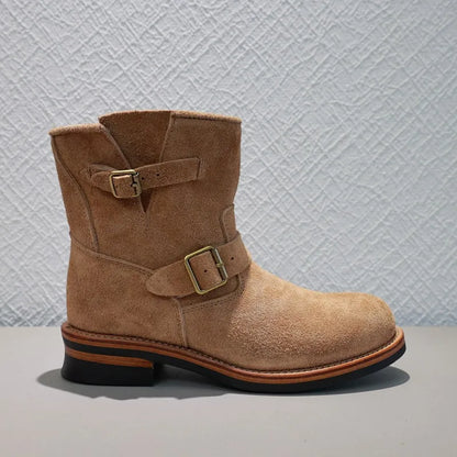 Men New Handmade Comfortable Buckle Ankle Boots High Top Mid Heel Sneakers Classic Cow Suede Leather Work Shoes Motorcycle Boots