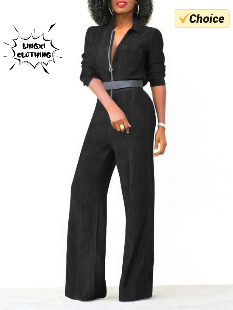 2024 Spring New Women's Jumpsuit Street Style Retro Washed Denim Fabric Lapel Half Open Long Sleeved Women's Jumpsuit