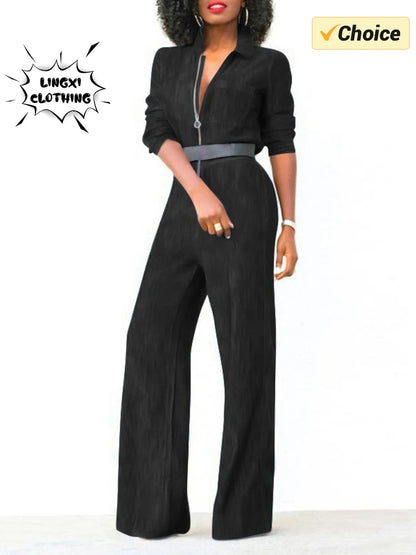 2024 Spring New Women's Jumpsuit Street Style Retro Washed Denim Fabric Lapel Half Open Long Sleeved Women's Jumpsuit