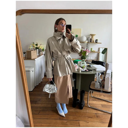 Fashion Stand Collar Short Trench Coat Women Solid Double-breasted Belt Jacket 2026 Autumn Lady Commuting Casual Outwear
