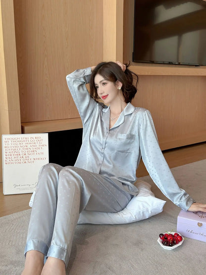 Women's New Arrival Silk-Feel Ice-Silk Lightweight Long-Sleeve Pajama Set Two-Piece Comfortable Homewear Suit