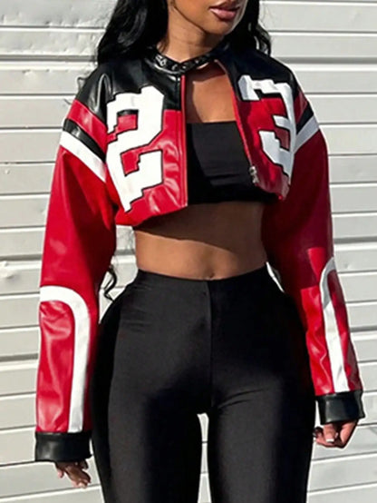 2025 New Women's Artificial Leather Jacket PU Leather Short Jacket Digital Printed Fashion Streetwear Motorcycle Casual Jacket