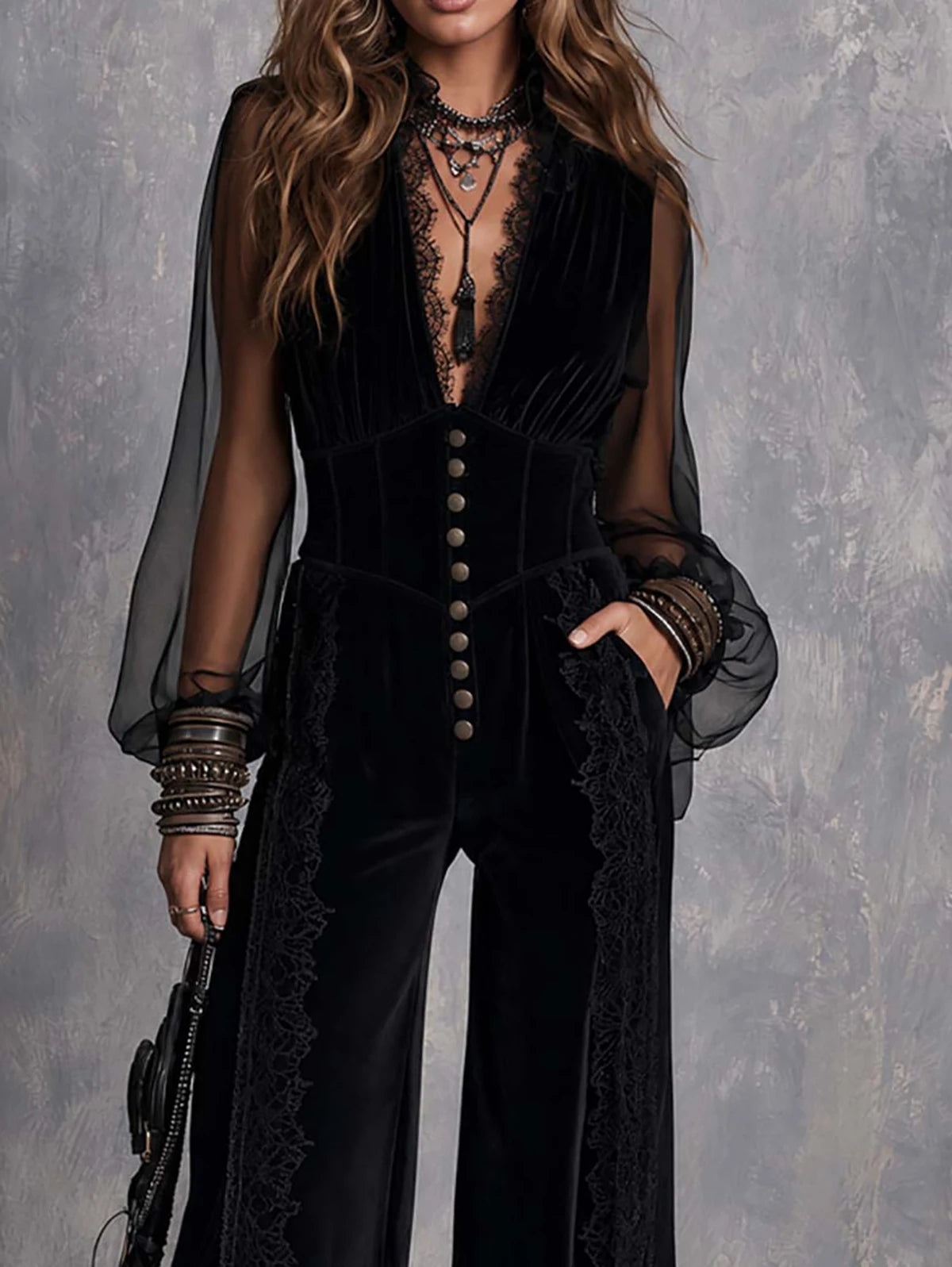 Women's Velvet Mesh Sheer Jumpsuit Gothic Sexy Deep V Neck Lace Trim Puff Sleeve High Waist Slim Straight Vintage Elegant Romper