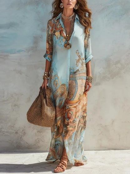 Elegant Shirt Dress for Women Chiffon Digital Print Turndown Collar Single-breasted Dresses Flowy Casual Boho Summer Clothing