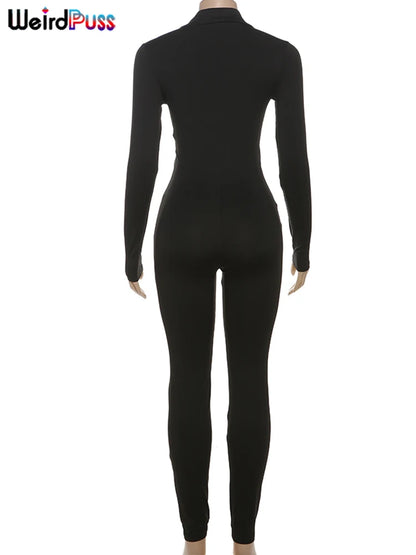 Weird Puss Fitness Jumpsuit Women Zip Skinny Long Full Activity Casual Sporty Solid Street Workout Simple Classic Tight Overalls