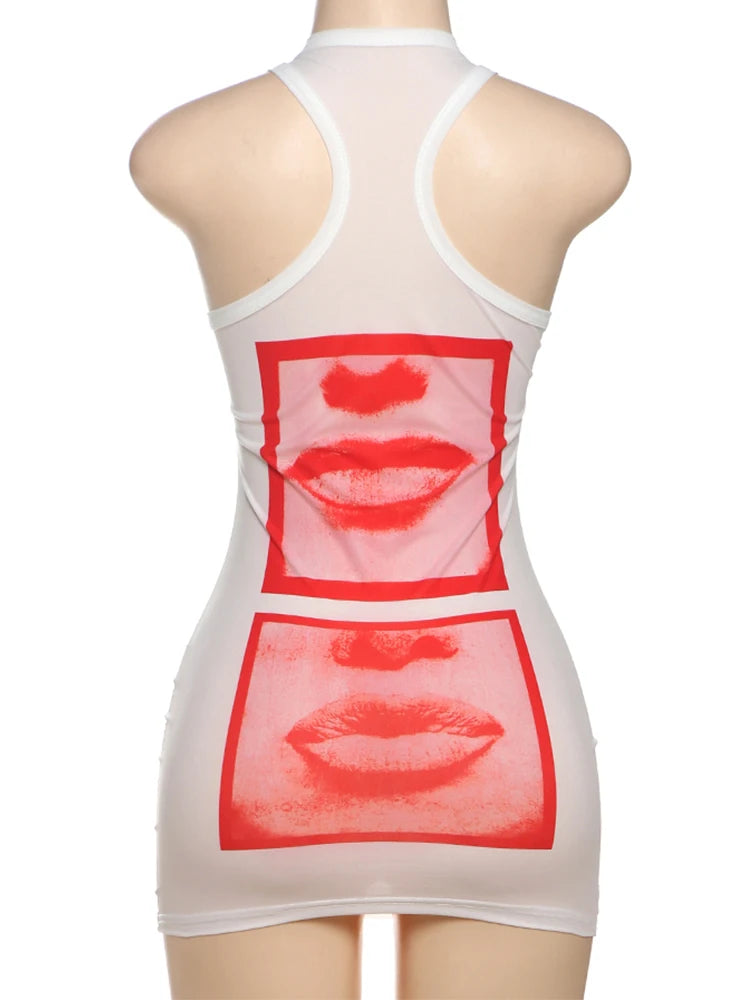 Weird Puss Lip Print Women Long Tops Sexy Y2K Hipster Thin O-neck Sleeveless Wild Basic Stunning Street Club Midnight Party Vest