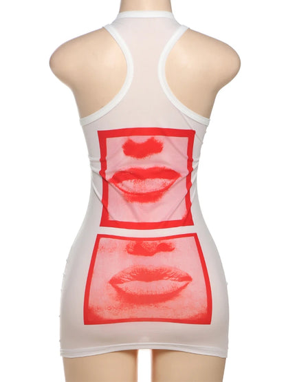 Weird Puss Lip Print Women Long Tops Sexy Y2K Hipster Thin O-neck Sleeveless Wild Basic Stunning Street Club Midnight Party Vest