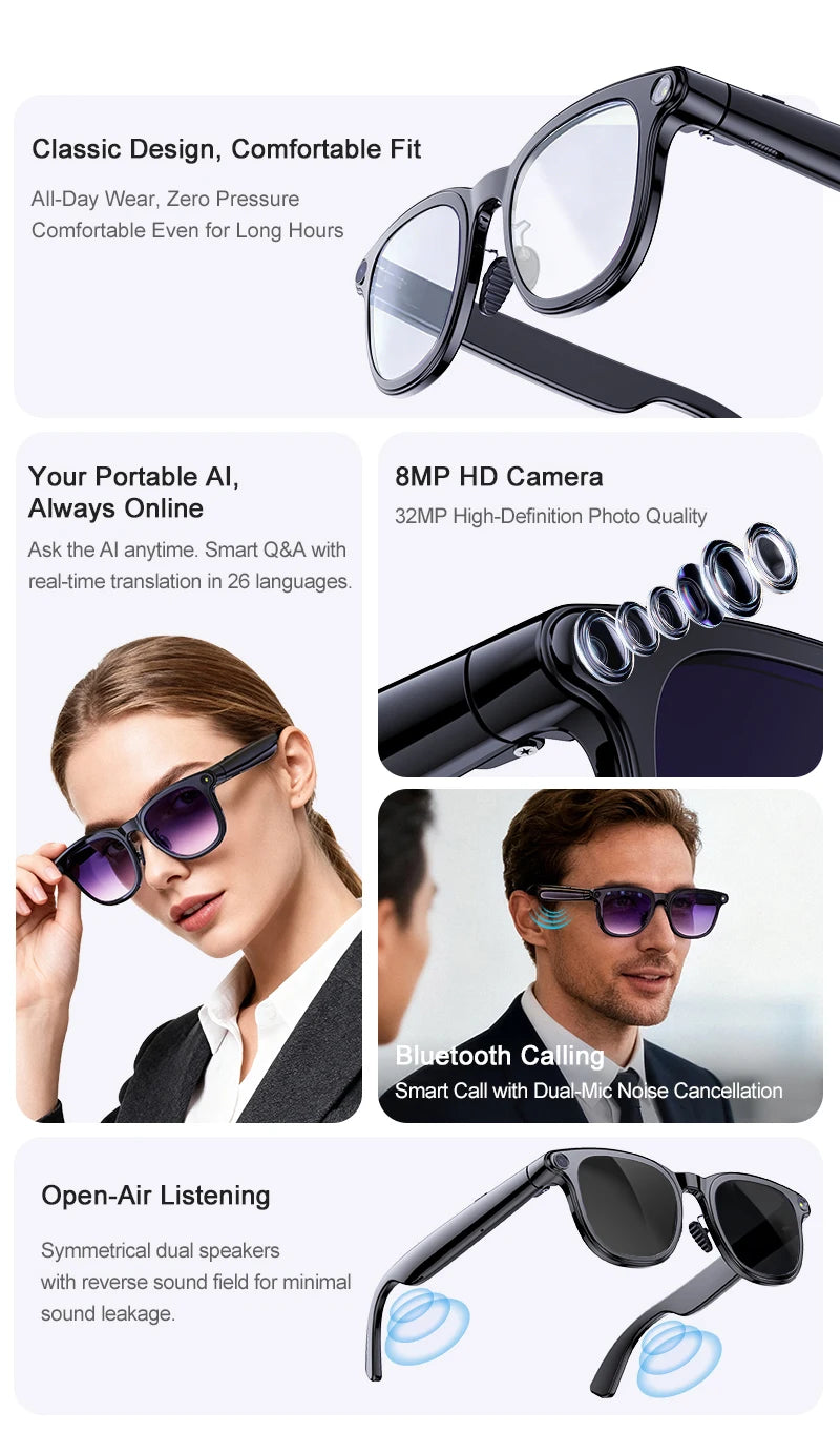 AI Smart Glasses 800W HD Camera Photo Video Record Voice Assistant Real-time Translation Waterproof Chat GPT Music Smart Glasses