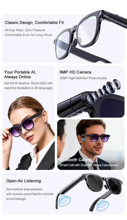 AI Smart Glasses 800W HD Camera Photo Video Record Voice Assistant Real-time Translation Waterproof Chat GPT Music Smart Glasses