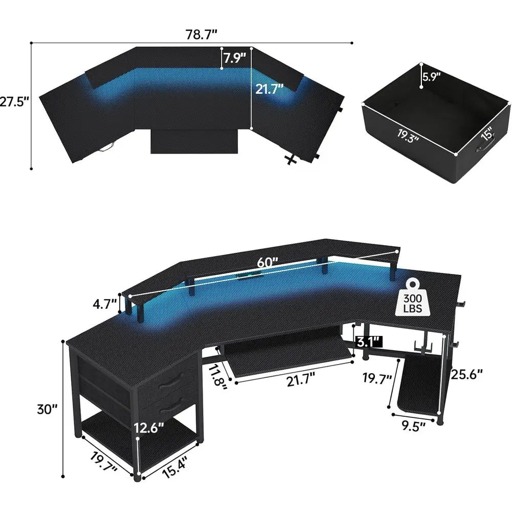 79" Gaming Desk, Computer Desk with 2 abric Ders & LED Light, L Shaped Gaming Desk with Storage Shel or Home Oice, Carbon iber B