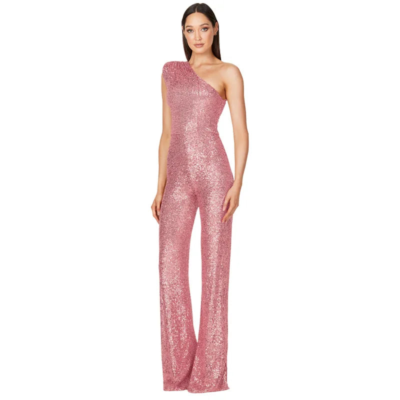 Women Elegant Long Jumpsuits Slanted Collar Party 2026 Sexy Glitter Sequin Club Playsuits Fashion Backless Solid Romper