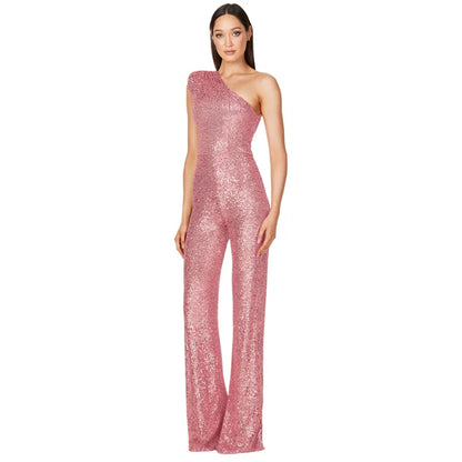 Women Elegant Long Jumpsuits Slanted Collar Party 2026 Sexy Glitter Sequin Club Playsuits Fashion Backless Solid Romper