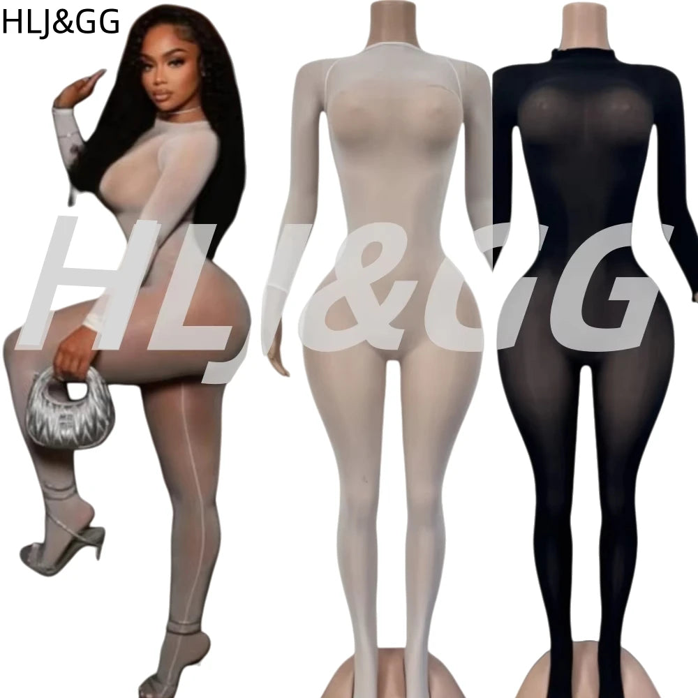 HLJ&GG Sexy Mesh See Through Bodycon One Piece Jumpsuits Women O Neck Long Sleeve Stretchy Overall Lady Party Clubwear Playsuits