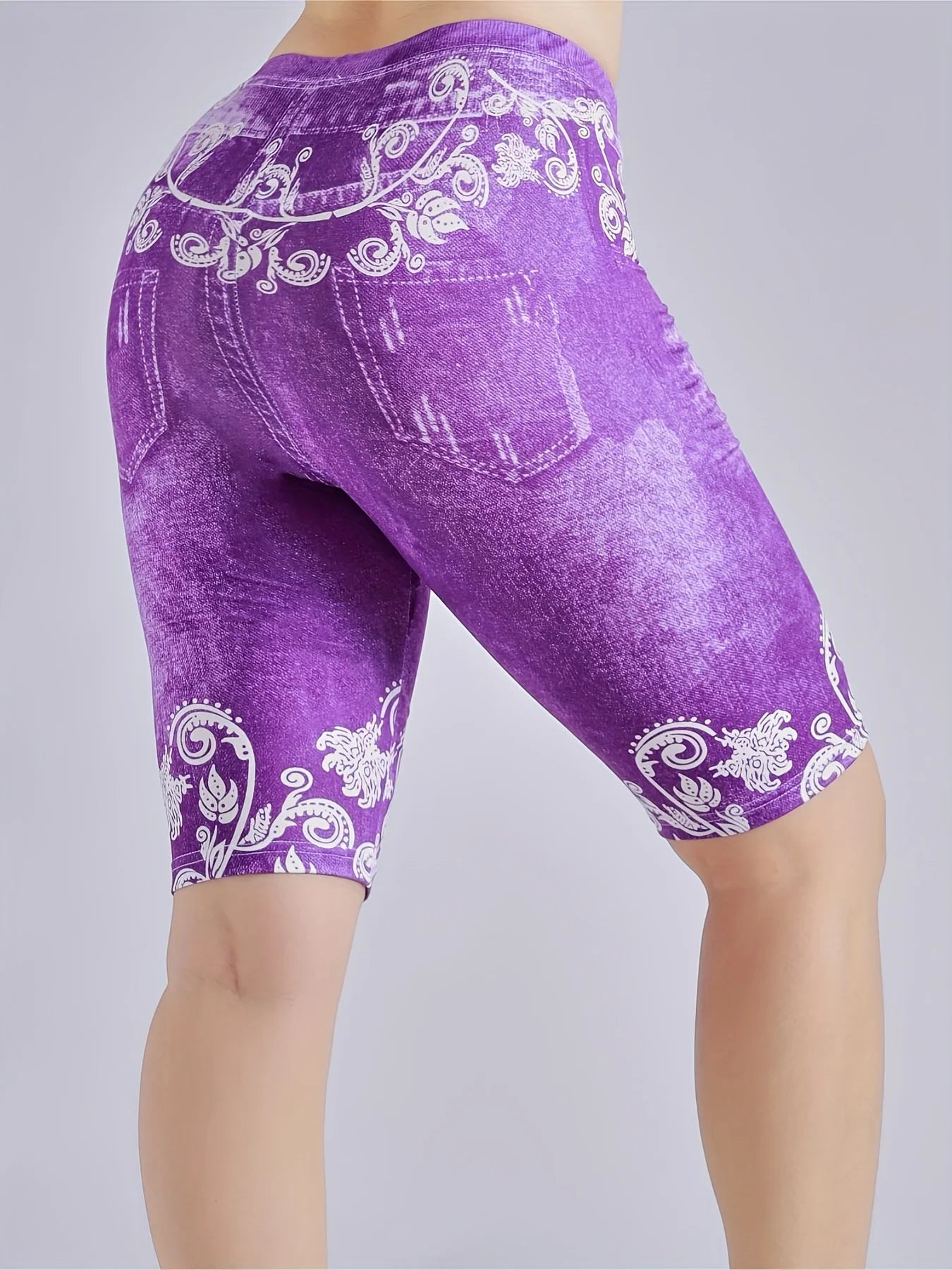 Lmitation Denim Leggings For Women Butterfly Waist Fruit Flower Elastic Shorts High Waist Casual