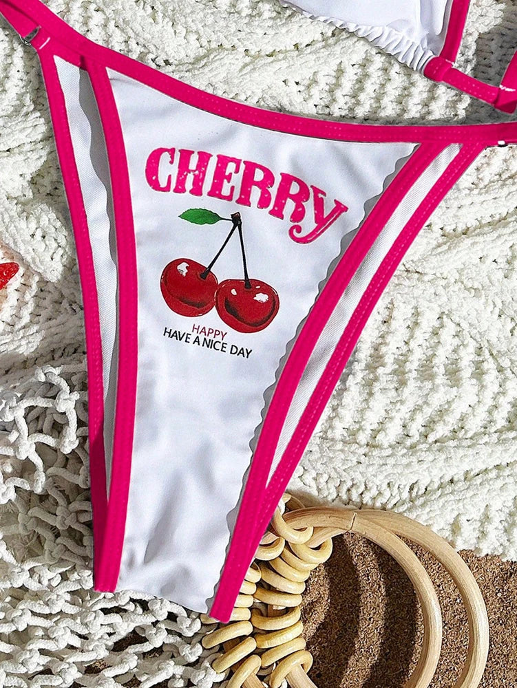 Cute Halter Bikini 3 Pieces Cherry Print 2026 Sexy & Fresh Feeling Bathing Suit Three-Piece Swimsuit Dark Blue Beach Swimwear
