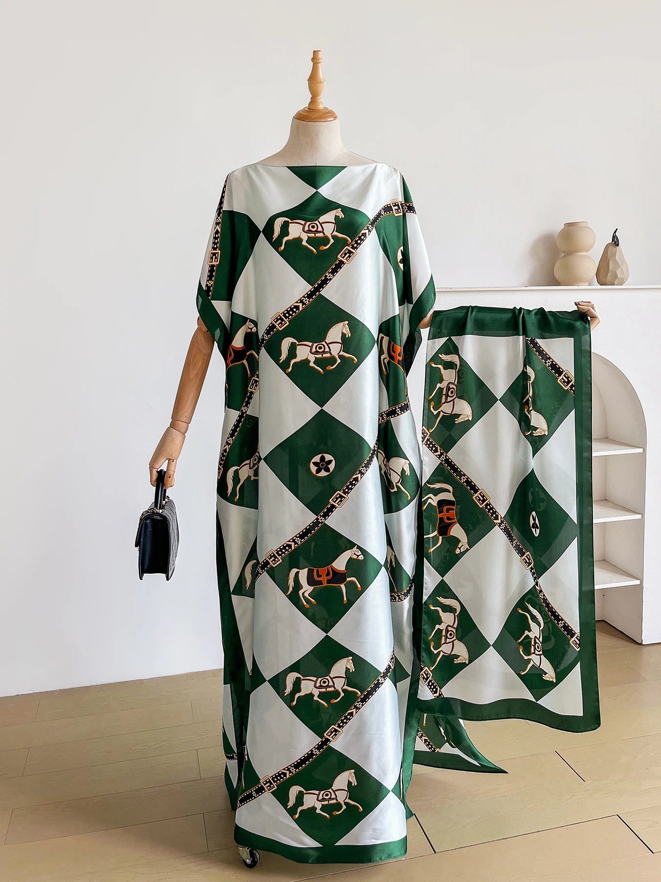 Luxury Horse Print Silk Satin Abaya Set With Matching Hijab Scarf, Loose Batwing Maxi Kaftan Dress For Muslim African Women