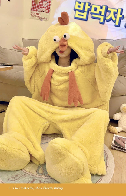 Women Onesies Little Yellow Chicken One-piece Pajamas Flannel Cute Funny Girls Homewear Cartoon Jumpsuit Couple Bestie Sleepwear