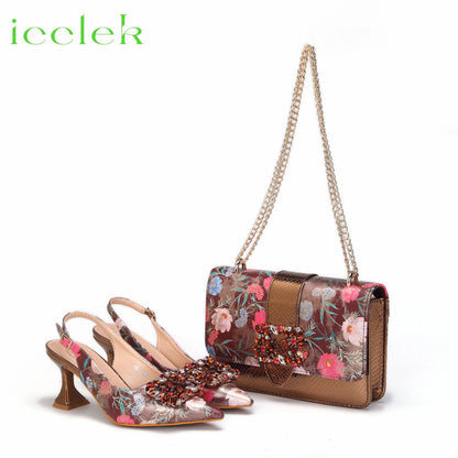 Newest Green Color Print Design High Heels Decorated with Water Rhinestone Party Women's Shoes and Bags Set