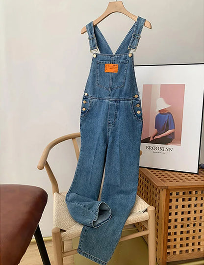 Women Denim Overalls Vintage Streetwear Loose Jumpsuit Korean Straight Wide Leg Pants Casual Jeans All Match Trousers