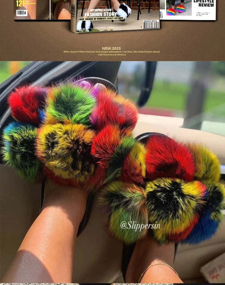 Natural Fox Fur Slippers, Fashionable Outdoor Multi-Color Animal Hair Slippers, Women's Gifts, Soft EVA Sole Slippers, On Trend