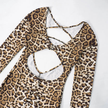 AVV Fashion Leopard Printing Long Sleeve Hollow Out Club Rompers Sexy Women's V-neck High Waist Skinny Jumpsuit Streetwear
