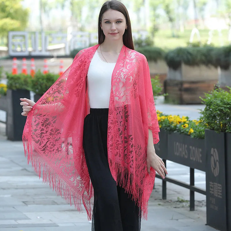 Women Sun Protection Shawl Lady Summer Hollow Out Lace Cardigan Holiday Bikini Blouse Breathable Beach Cape Sexy Long Tippet