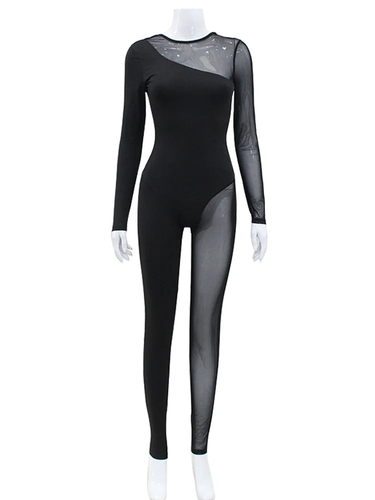Hipster Tight Jumpsuit Woman Midnight Overalls Streetwear O-Neck Long Sleeve Zipper Sexy See Through Mesh Rompers Women Jumpsuit