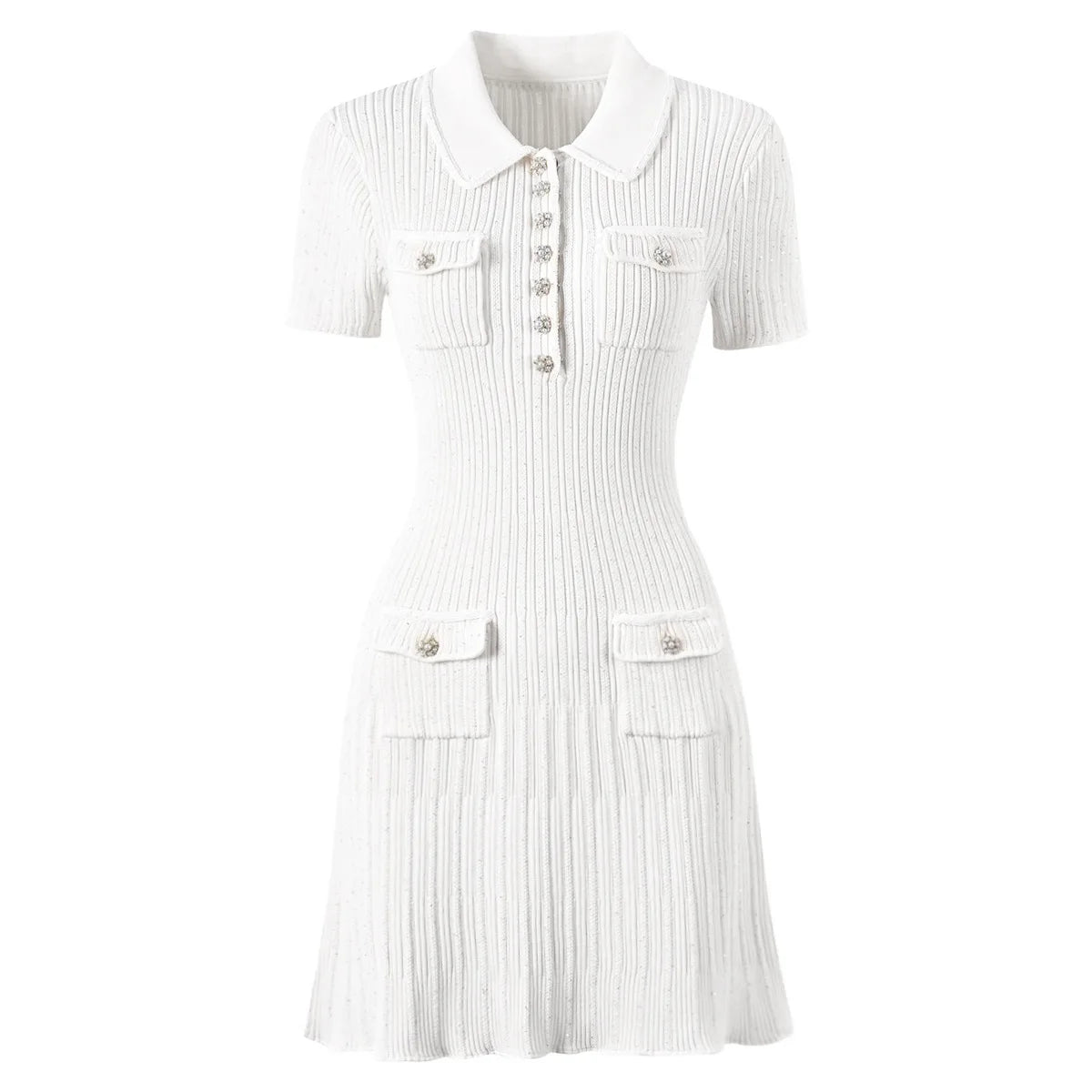 ZJYT Runway 2025 Women's Fashion Summer Knitted Sweater Dress Designer Turn-Down Collar Mini Party Dress Blue White Vestidos