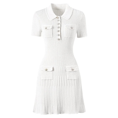 ZJYT Runway 2025 Women's Fashion Summer Knitted Sweater Dress Designer Turn-Down Collar Mini Party Dress Blue White Vestidos