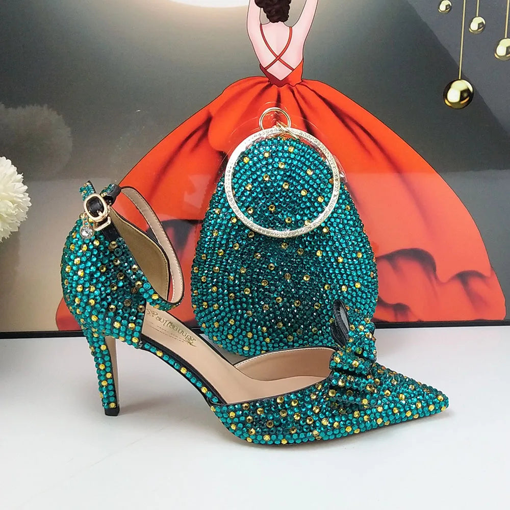 BaoYaFang 2024 New Arrival Teal Blue Strawberry Bridal Wedding Shoes and Bag Female Ladies Party Shoes Ankle Strap High Pumps