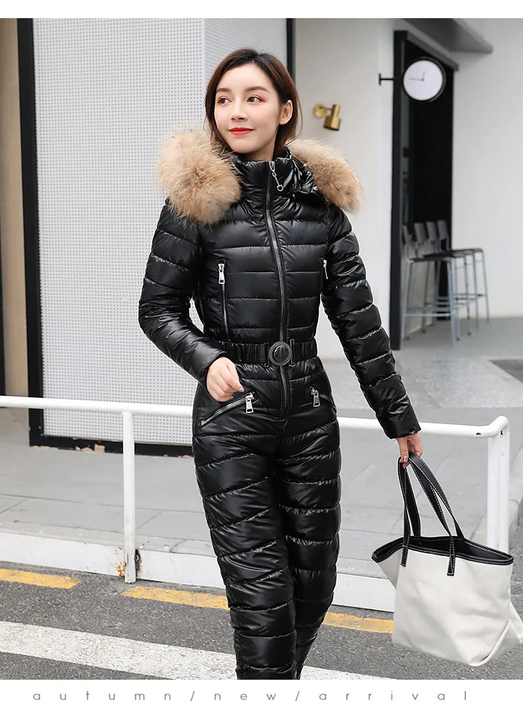 Jumpsuits One Piece Ski Suit Winter Thicken Snow Place Down Cotton Women Suits Warm Hooded Waist Slim Shiny Outdoor Sports