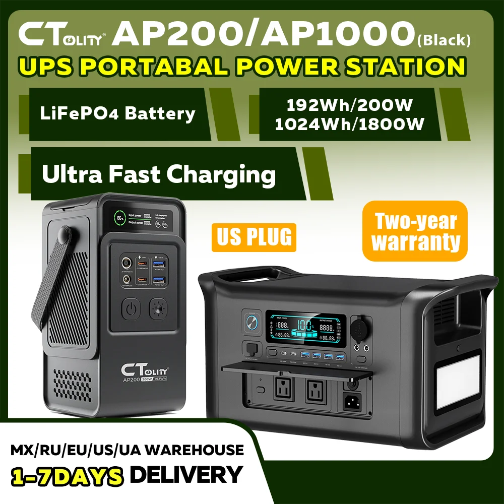 CTOLITY AP200 AP1000 Black style 200W/1800W Portable Power Station 192Wh/1024Wh 60000mAh/320000mAh LiFePO4 Battery Solar Generator UPS Function Emergency Power Supply for Camping Outdoor