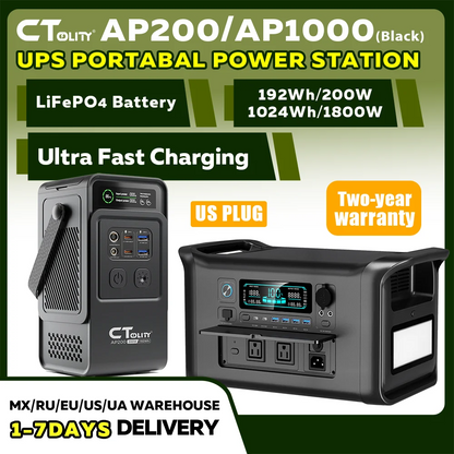 CTOLITY AP200 AP1000 Black style 200W/1800W Portable Power Station 192Wh/1024Wh 60000mAh/320000mAh LiFePO4 Battery Solar Generator UPS Function Emergency Power Supply for Camping Outdoor