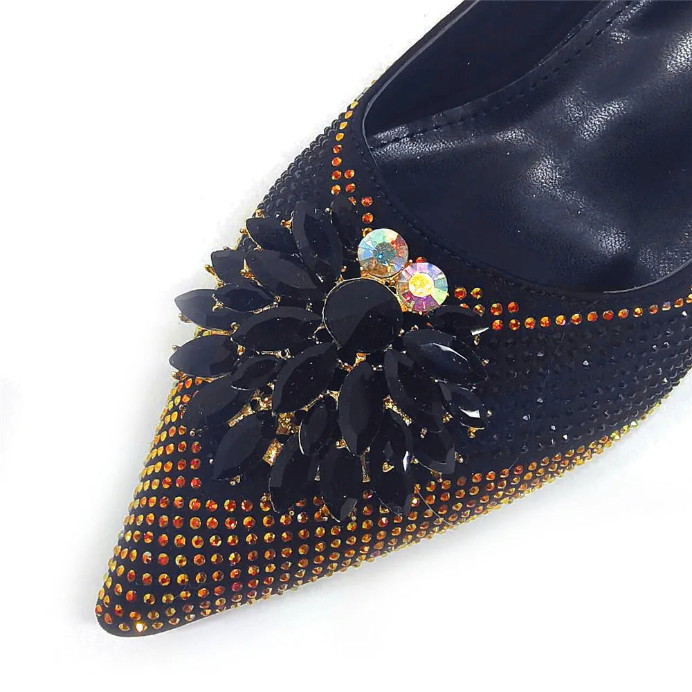 Women Black Gold Rhinestone Slingback Heels Matching Clutch Bag Set Luxury Crystal Flower Pointed Toe Kitten Heel Sandals