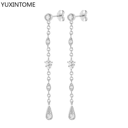 925 Sterling Silver Needle Long Chain Stud Earrings For Women Exquisite Zircon Geometric Tassel Pendant Earrings Luxury Jewelry