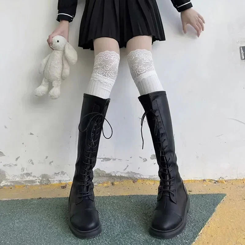 Socks Women Autumn/Winter Thigh High Lace Cute Lolita Warm Stockings Black White Long Leg Socks for Girl Boot Accessories