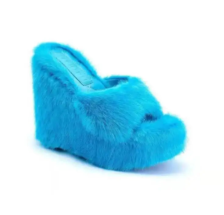 2026 Luxury New Women Feminine High Heeled Slippers Outdoor All-match Shoes Round Head Wedges With Mink Fur Femal Shoes