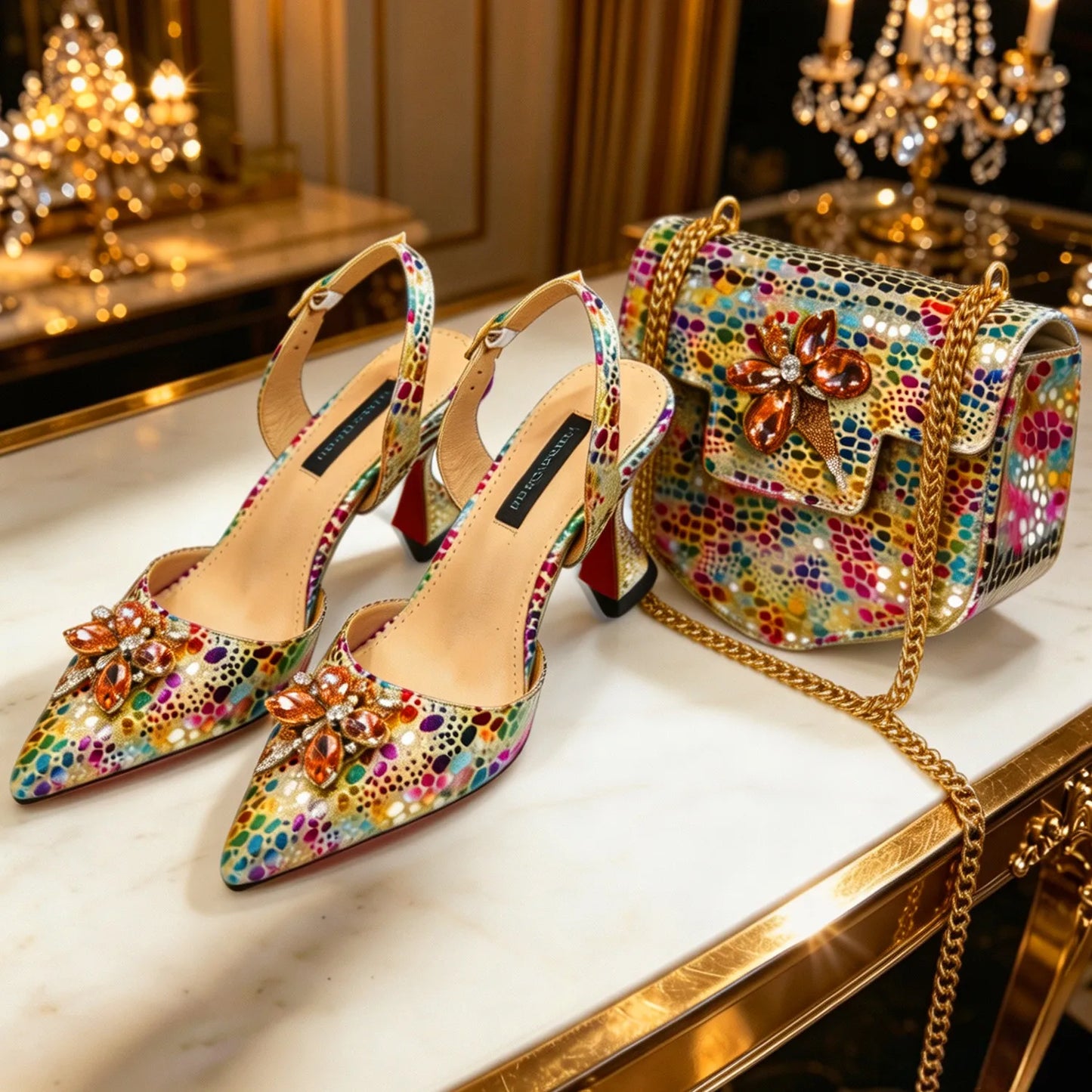 Venus Chan Elegant Rhinestone Heels & Matching Bag Set, Colorful Print Pointed Toe Block Heels for Banquet Club Night