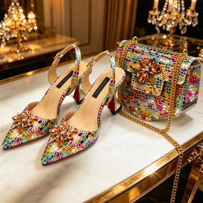 Venus Chan Elegant Rhinestone Heels & Matching Bag Set, Colorful Print Pointed Toe Block Heels for Banquet Club Night