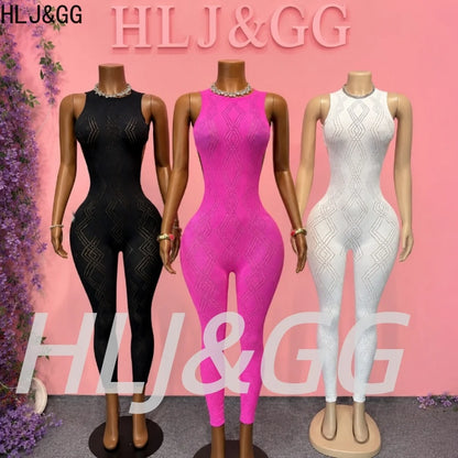 HLJ&GG Sexy Knitting Hollow Stretchy One Piece Jumpsuits Women Sleeveless Backless Slim Playsuits Female See Though Club Overall