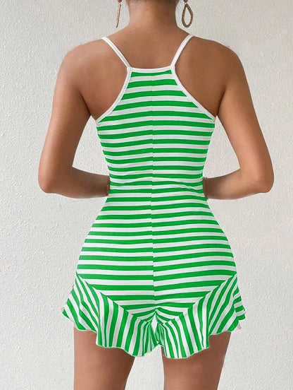Women Red White Striped Cami Rompers Sleeveless V Neck Flared Hem Short Jumpsuits Summer Casual Bodycon Short Playsuit Female Be