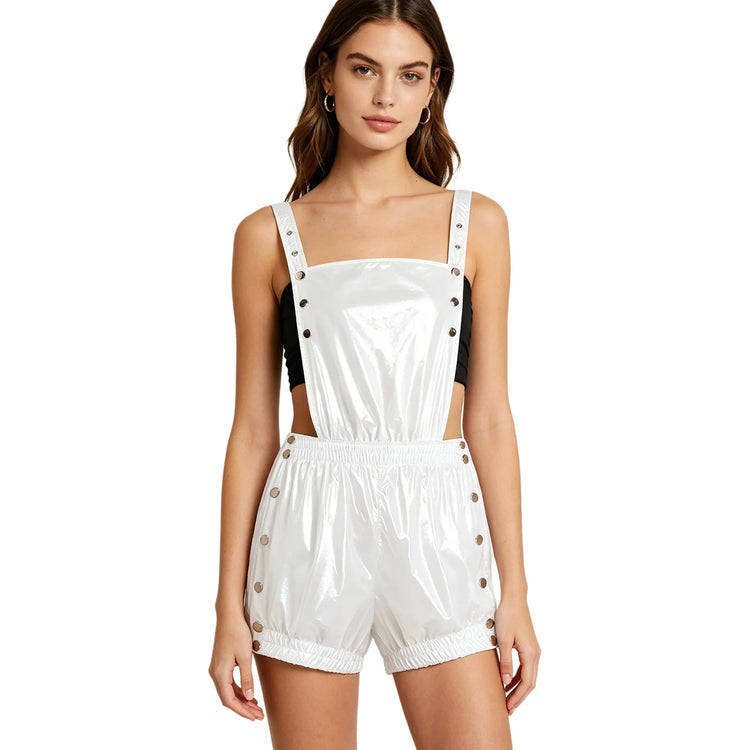 Funny Backless Overalls Rompers for Women Waterproof Tear Away Unitard Press Buttons Ruffled Trims Bodysuit for Nightclub Party